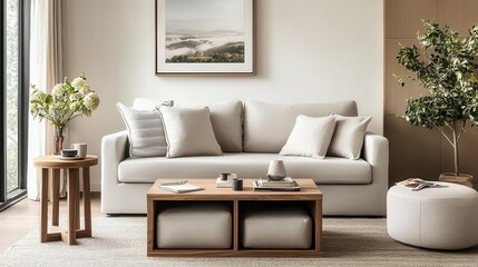 Multifunctional living room with a sofa bed, nesting tables, and hidden storage ottomans for compact living
