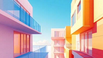 Modern architectural banner design featuring colorful buildings against a clear blue sky ideal for real estate marketing and promotions