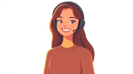 Happy female customer support representative in headset providing assistance and support in a modern office environment