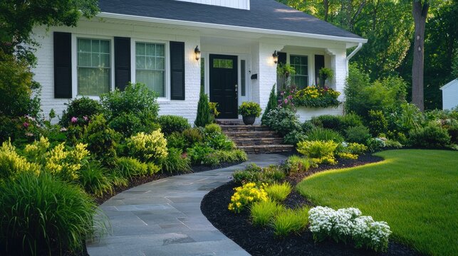 Landscaped suburban home, walkway, flowers, green lawn.  Use Real estate, home improvement