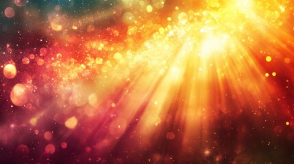 Warm golden and red light rays burst from bottom center, illuminating a dark background scattered with bokeh sparkles. The effect creates a