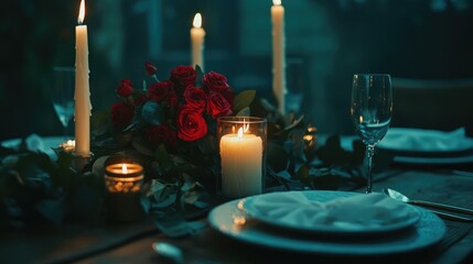 Romantic dinner table setting with candles and roses creating an intimate atmosphere for a love-themed celebration.