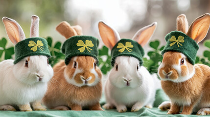 Fototapeta premium Cute rabbits wearing leprechaun hats celebrate St. Patrick Day with joy
