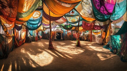 Fototapeta premium Colorful Fabric Draped Interior, Sunlit Tent.