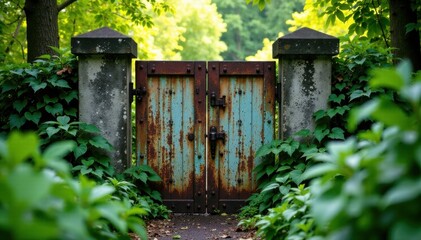 Obraz premium Rusted metal gate in overgrown garden, garden, flowers, overgrowth