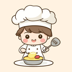 Cute cartoon gril Chef Cooking In Kitchen vector illustration