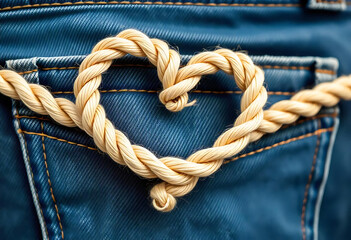 Love heart shaped rope on denim jeans pocket background. Valentine's day card concept
