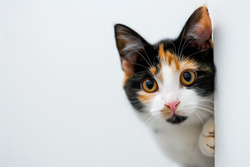 Obraz premium A calico cat peeking from behind a corner on a white background.