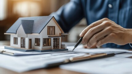 Fototapeta premium Real Estate Agent Engaging in Virtual Meeting with Property Model and Documentation on Table