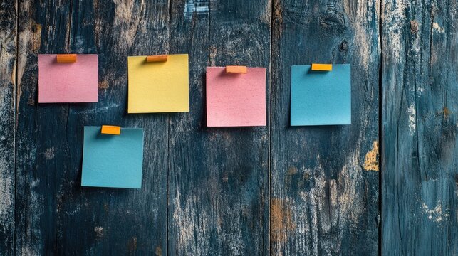 Agile Team Collaboration with Colorful Sticky Notes on Wooden Background for Project Management and Creative Brainstorming