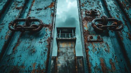 Rusty blue metal prison gates with heavy chains slightly parted, revealing a distant watchtower under a cloudy sky, symbolizing confinement and security