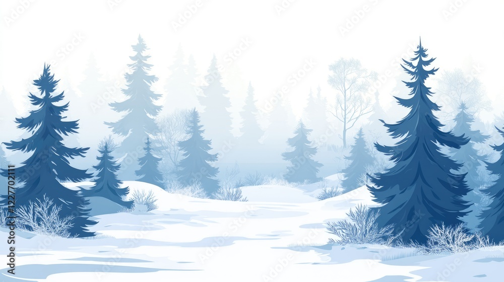 Poster winter conifer forest landscape with snowy pines fir and cedar in misty evergreen scene for text spa