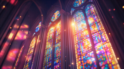 Obraz premium Divine Architecture advertisement showcasing beautiful stained glass windows in a cathedral
