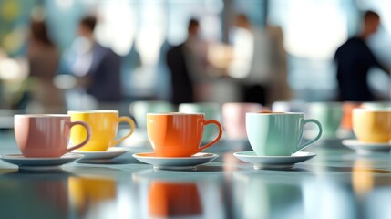 Diverse professionals enjoying afternoon coffee break in contemporary office setting with colorful cups and fresh workspace background for text