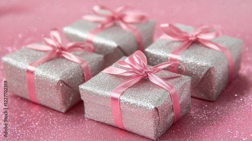 Poster elegant silver gifts adorned with pink ribbons on a soft pink background creating a festive and char