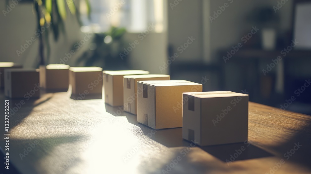 Aufkleber Small cardboard boxes arranged neatly on a business desk with warm sunlight creating a professional and minimalistic atmosphere