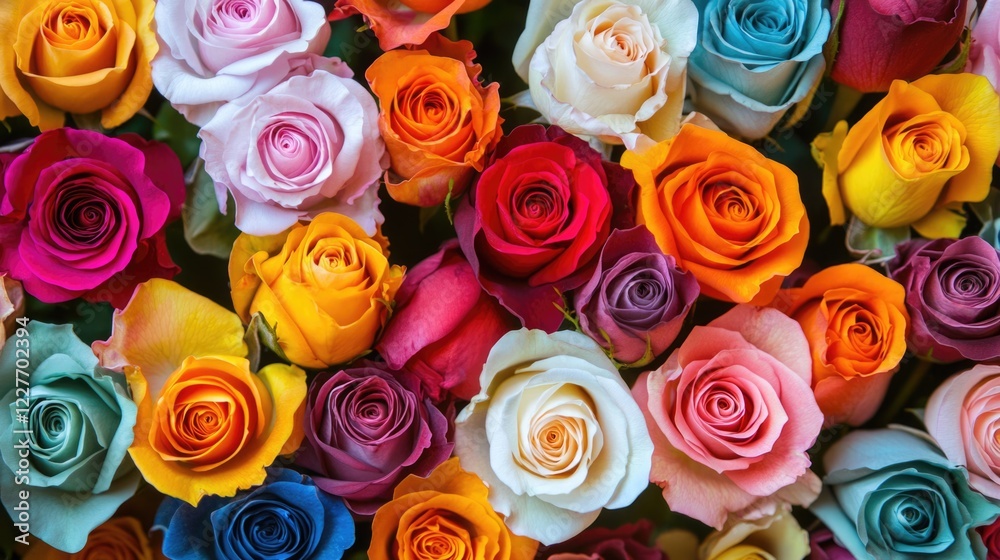 Poster vibrant assortment of roses in various colors creating a beautiful and lively floral display in a ro