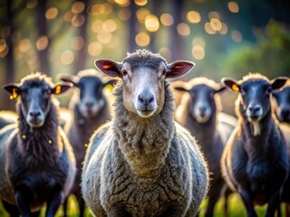 Obraz premium Bold black sheep leads, soft focus emphasizes individuality, a different perspective.