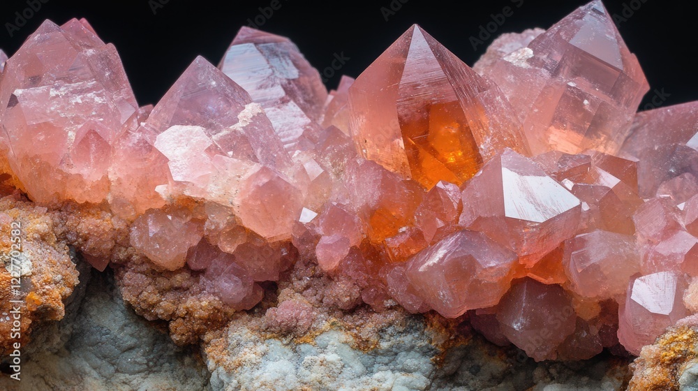 Poster rose quartz crystal clusters showcasing intricate rough surface textures and vibrant pink hues in a 