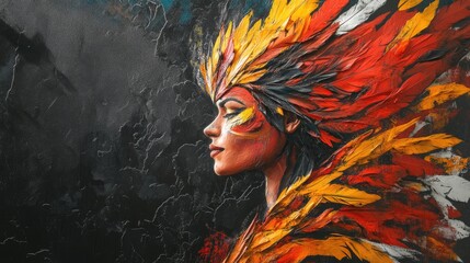 Naklejka premium Vibrant Phoenix Inspired Portrait with Fiery Feathers in Artistic Low Angle Perspective