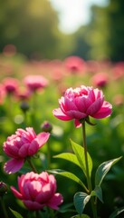 Peonies in a field with sunlight and shadows, sun, field, landscape