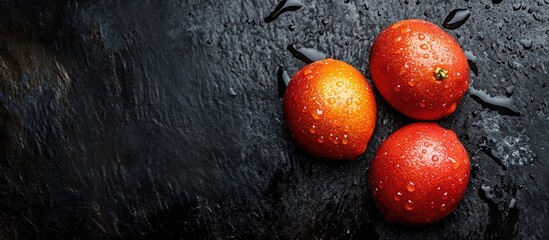 Fresh red citrus fruits with water droplets on dark stone background ideal for product advertising or healthy eating themes