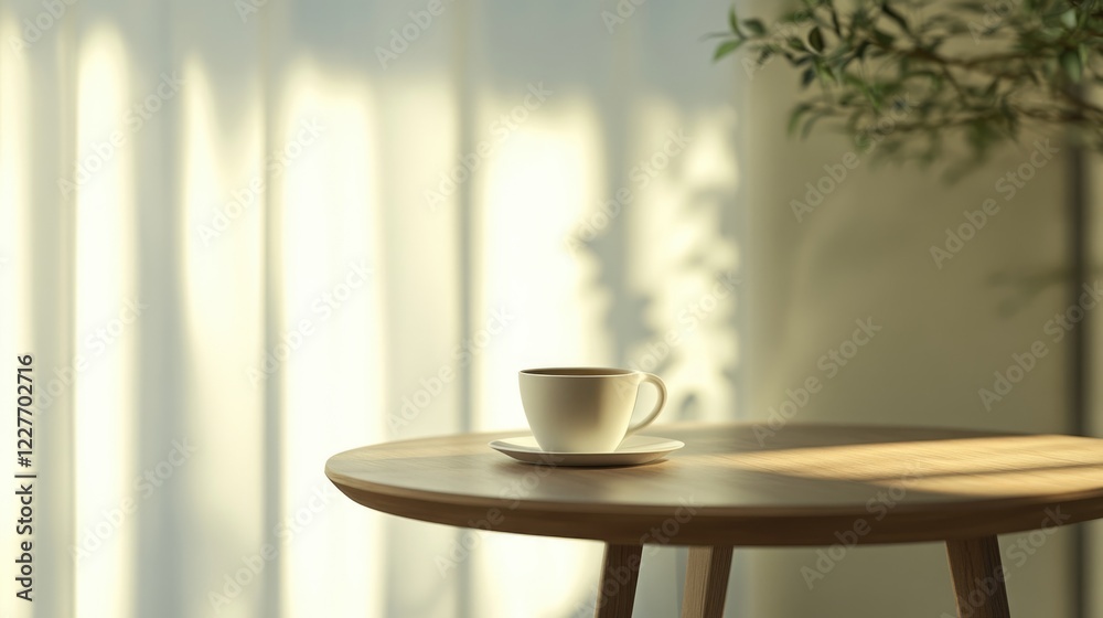 Poster calm coffee experience at minimalist cafe table with natural light and soft shadows