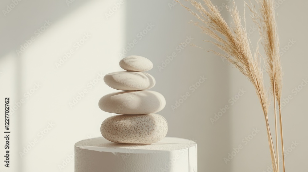 Poster balanced smooth stones stacked elegantly on a pedestal symbolizing tranquility and harmony in a sere
