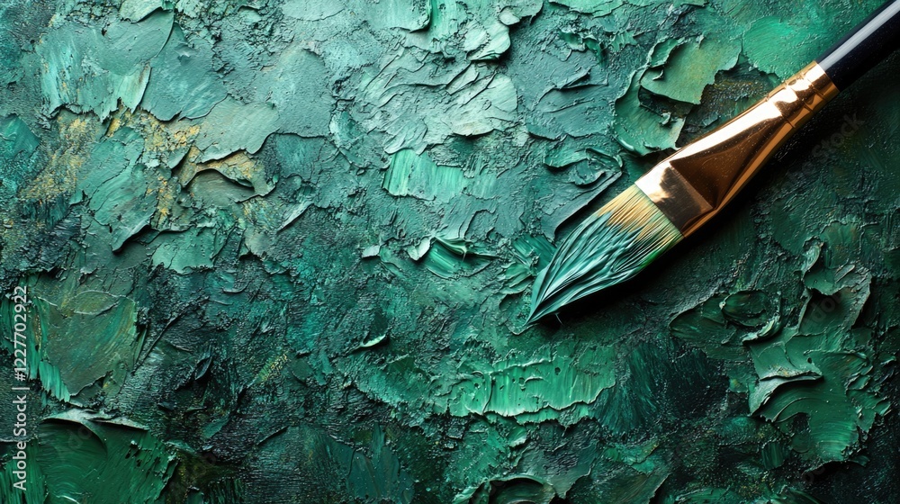 Aufkleber Textured dark green acrylic paint with a paintbrush on canvas creating an artistic background ideal for creative projects and empty copyspace for text