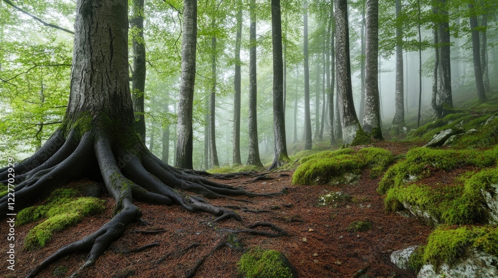 Poster misty ancient forest with rooted trees and lush green moss creating a tranquil and serene natural la