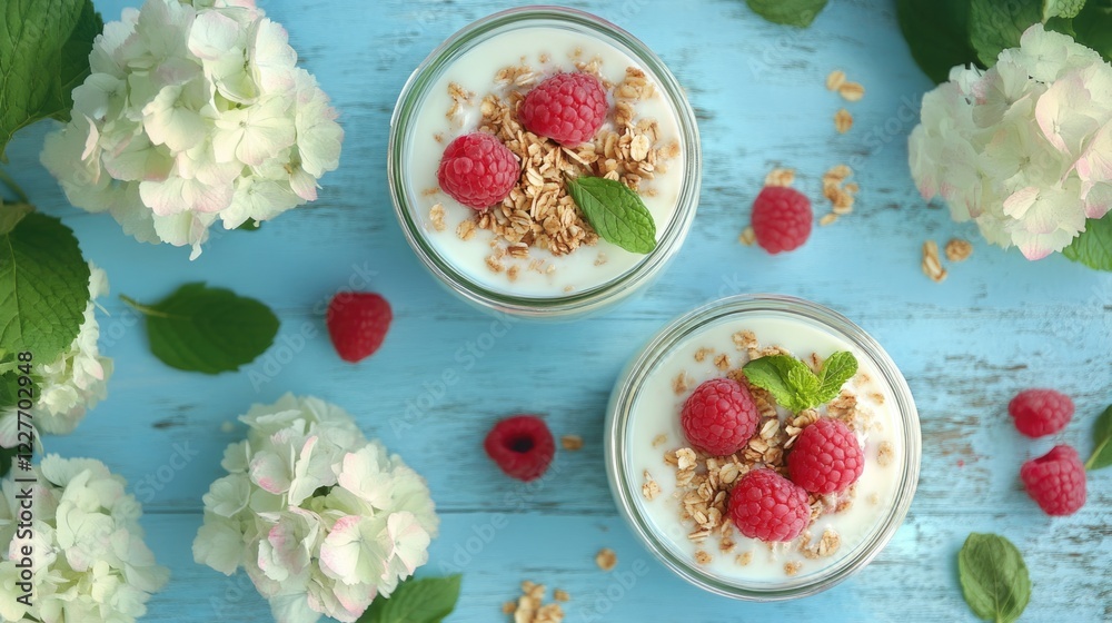 Poster yogurt parfaits with granola raspberries and mint in glass jars surrounded by hydrangeas on a rustic