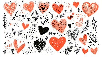 Collection of hand drawn hearts in coral and black, with various patterns and styles. Simple floral elements are interspersed among the hearts