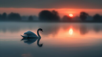 Fototapeta premium Graceful Swan: A white swan gliding on a tranquil lake at sunrise, with the water reflecting pastel colors and a soft mist rising from the surface.