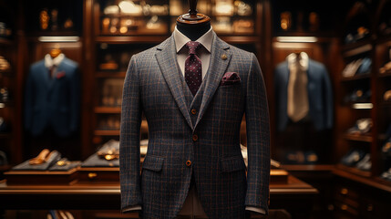 Fototapeta premium A tailored mens suit displayed in a classic boutique setting, showcasing elegance and sophistication