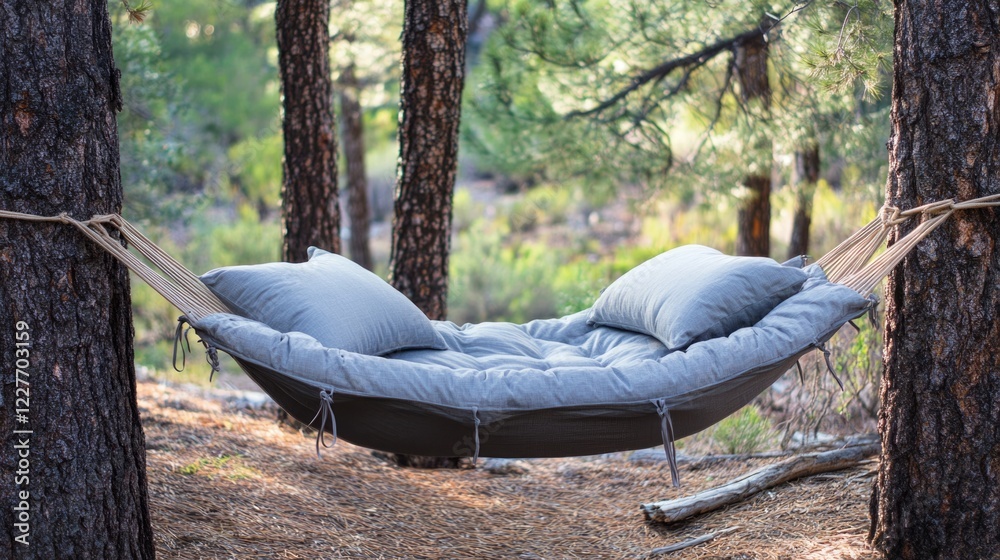 Poster Cozy rope hammock with plush pillows suspended between trees in a serene wilderness setting