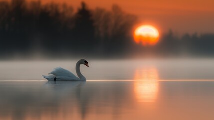Fototapeta premium Graceful Swan: A white swan gliding on a tranquil lake at sunrise, with the water reflecting pastel colors and a soft mist rising from the surface.
