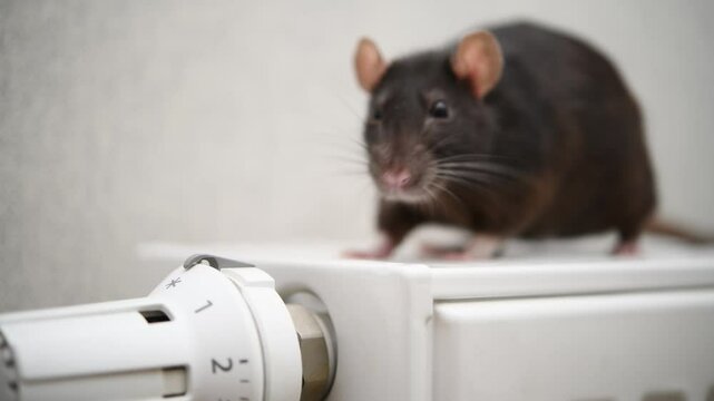 Curious rat exploring a radiator in a cozy indoor setting during winter