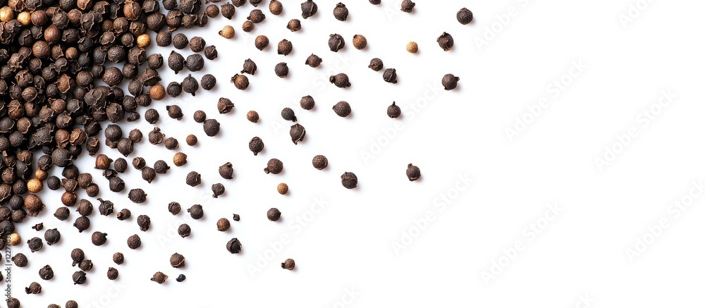Poster black peppercorns scattered on white background empty space for text showcasing indian spices culina