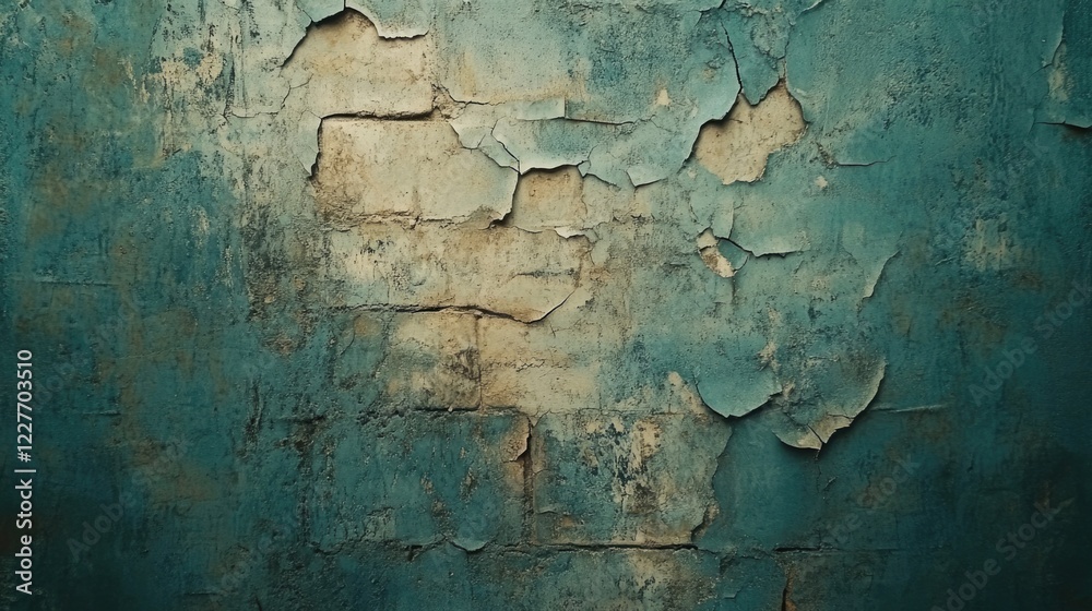 Aufkleber Weathered brick wall with peeling paint and visible cracks creating a rustic, textured background suitable for various design projects.