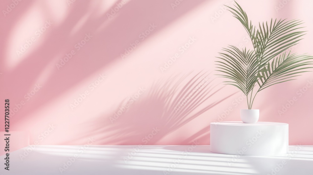 Poster Calm Minimalist Workspace with Plant and Soft Pink Background Ideal for Product Display and Text Placement