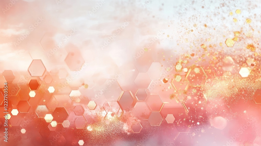 Aufkleber Rose gold hexagonal abstract design on soft fabric canvas creating a serene seascape background with gentle pastel hues.
