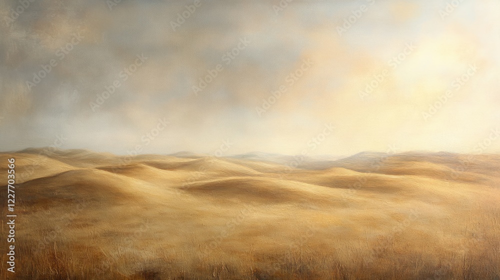 Aufkleber Serene desert landscape showcasing undulating golden sand dunes under a soft hazy sky creating a tranquil atmosphere.