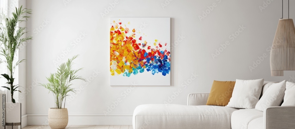 Poster modern living space featuring a blank art canvas on a white wall with vibrant abstract colors and am