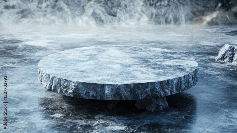 Poster round ice table on a frozen surface surrounded by ice crystals in a mystical winter landscape.