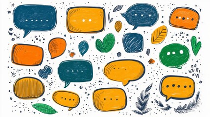 Hand drawn speech bubbles in orange, yellow, green, and blue, with textured and distressed effects, scattered on a white background with small leaves