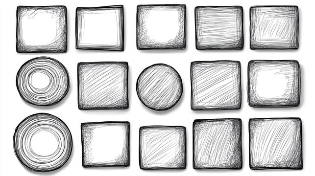 Collection of hand drawn textured shapes, including circles and squares, in black and white on a white background. Simple, graphic design elements
