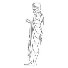 Standing Ancient Greek man in profile. Vase painting style. Black and white linear silhouette.
