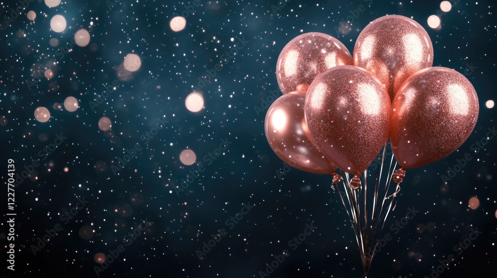 Poster rose gold balloons with shimmering stars on a dark background creating a festive atmosphere for cele