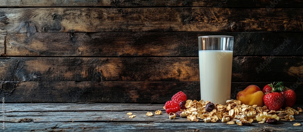 Poster glass of milk with cereal and fresh fruits on dark rustic wooden table and empty space for nutrition