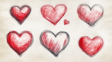 Collection of six hand drawn red hearts on an off white textured background. Hearts vary in size and shading, creating a romantic and whimsical feel